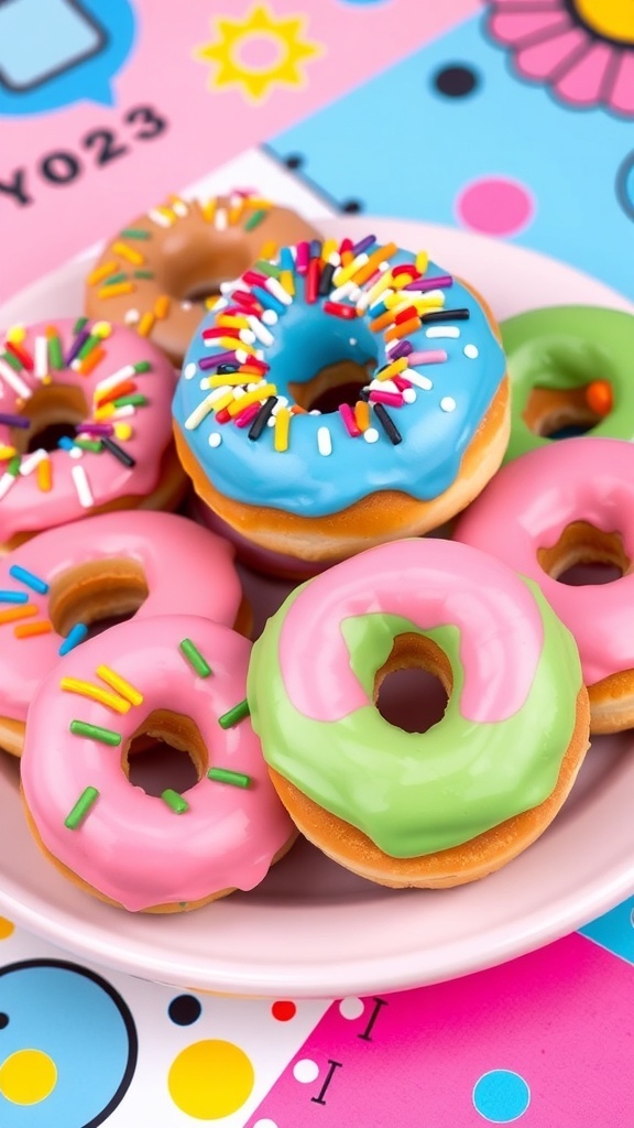 A vibrant assortment of Y2K style donuts with colorful glazes and sprinkles on a pastel plate.